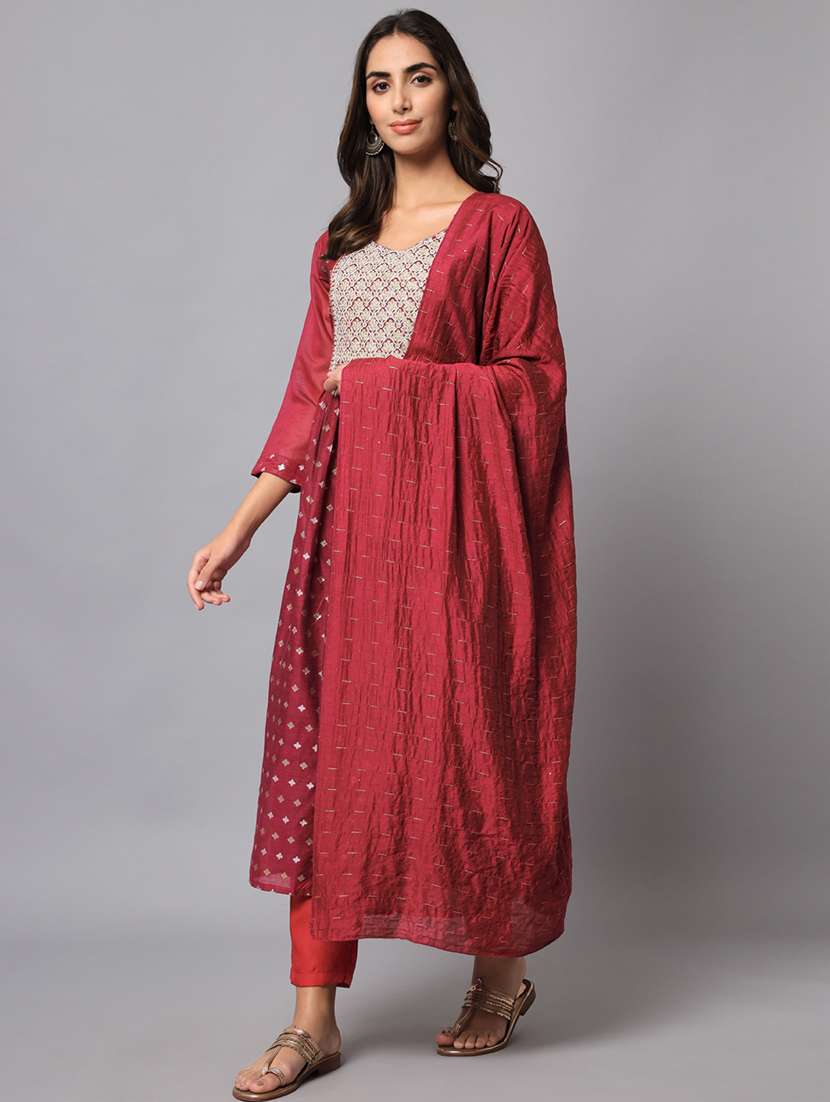 Women Three Quarter Sleeve Anarkali Kurta Pant With Dupatta Set