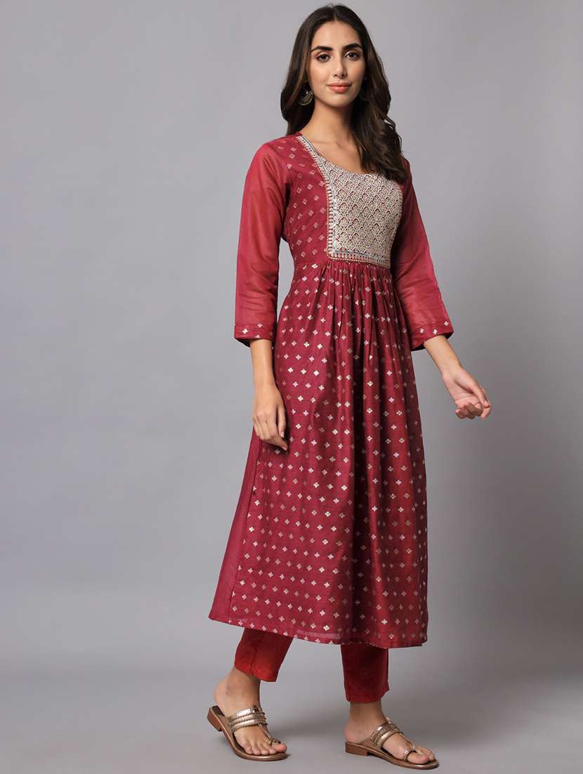 Women Three Quarter Sleeve Anarkali Kurta Pant With Dupatta Set