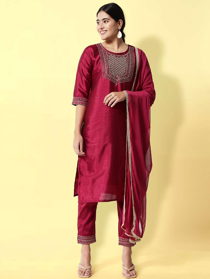 women three quarter sleeve kurta pant with dupatta set