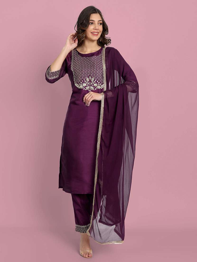 women three quarter sleeve kurta pant with dupatta set
