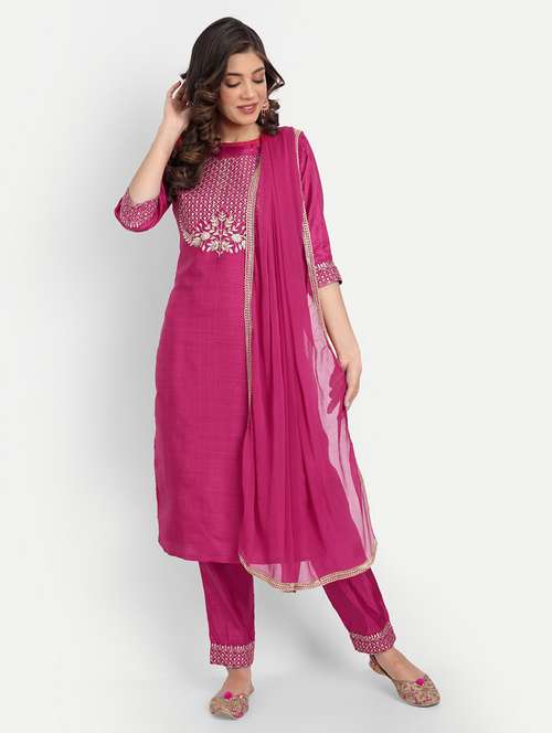 women three quarter sleeve kurta pant with dupatta set - 20194484 - Standard Image - 0