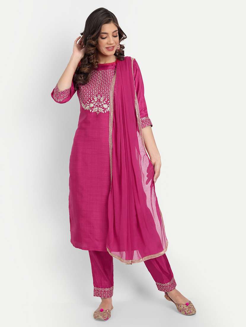 women three quarter sleeve kurta pant with dupatta set