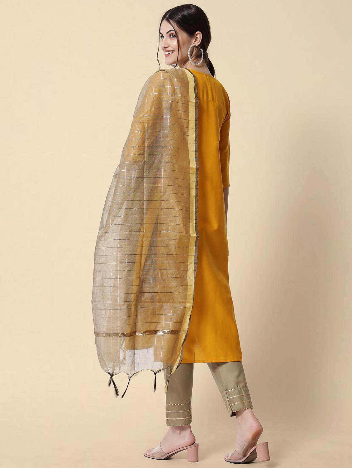 yellow round neck kurta pant set with dupatta - 20194573 - Standard Image - 2