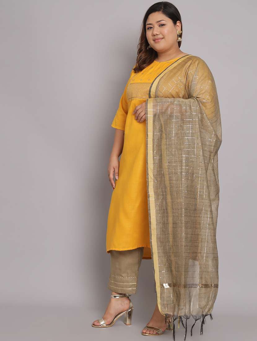 yellow round neck kurta pant set with dupatta - 20194574 - Standard Image - 2