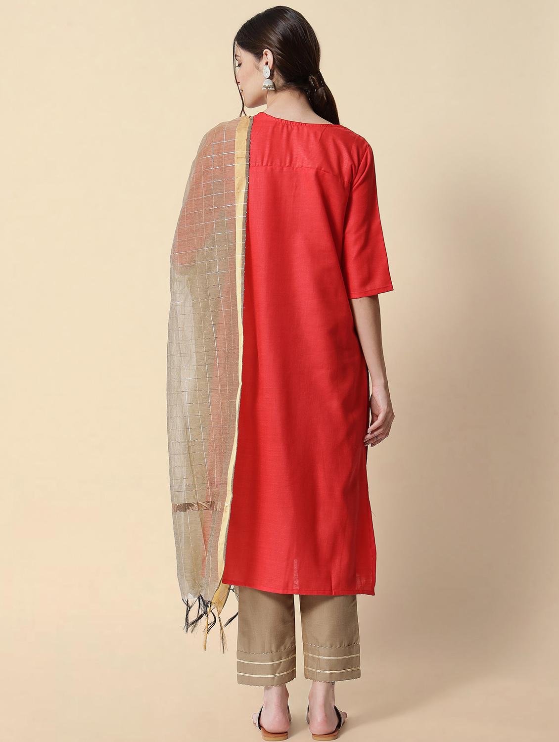 red round neck kurta pant set with dupatta - 20194577 - Standard Image - 2