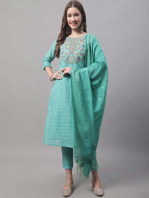 blue round neck kurta pant set with dupatta - 20195071 - Standard Image - 0