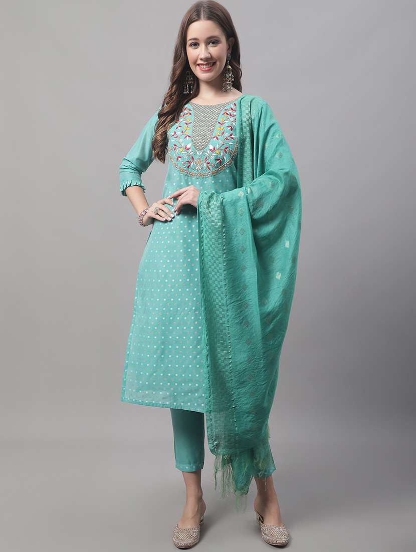 blue round neck kurta pant set with dupatta