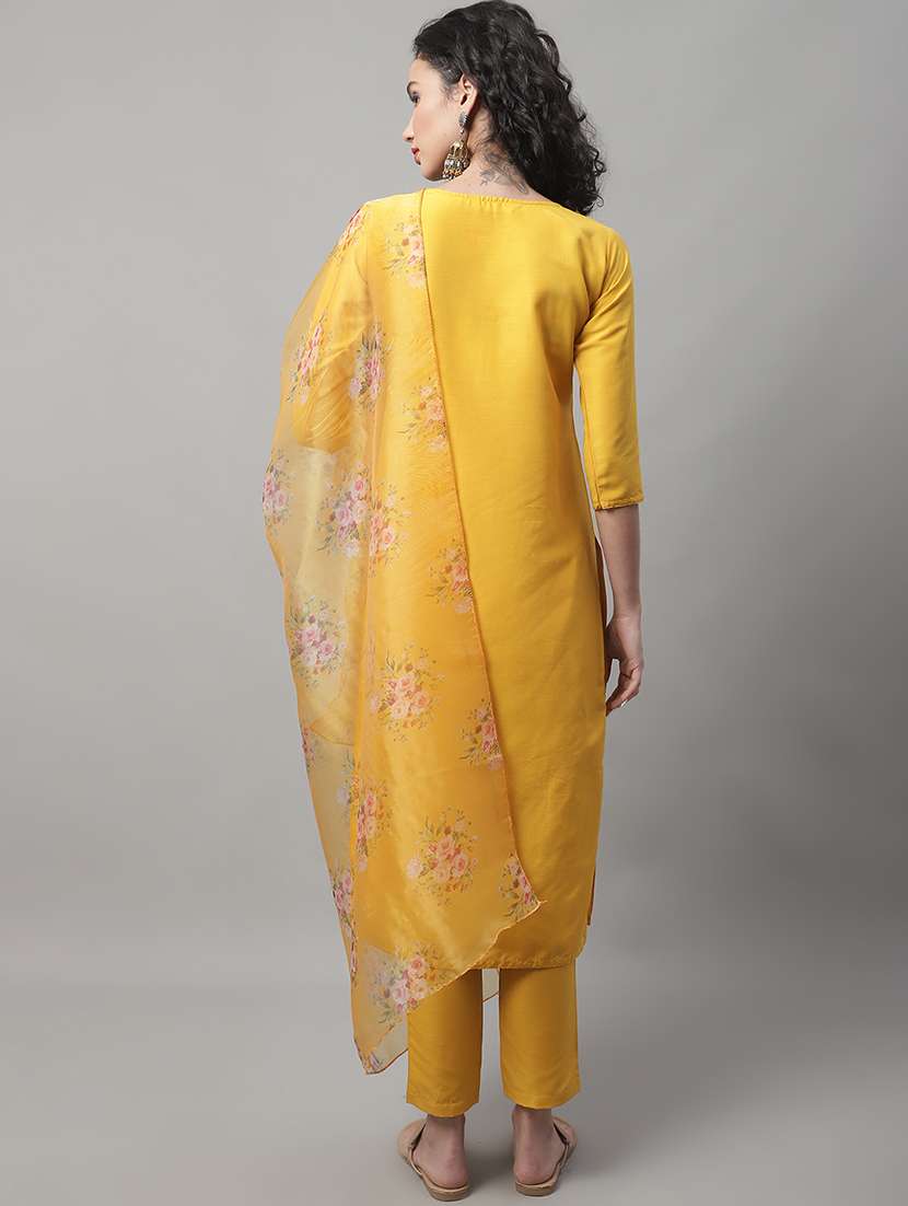 yellow round neck kurta pant set with dupatta - 20195085 -  Standard Image - 2