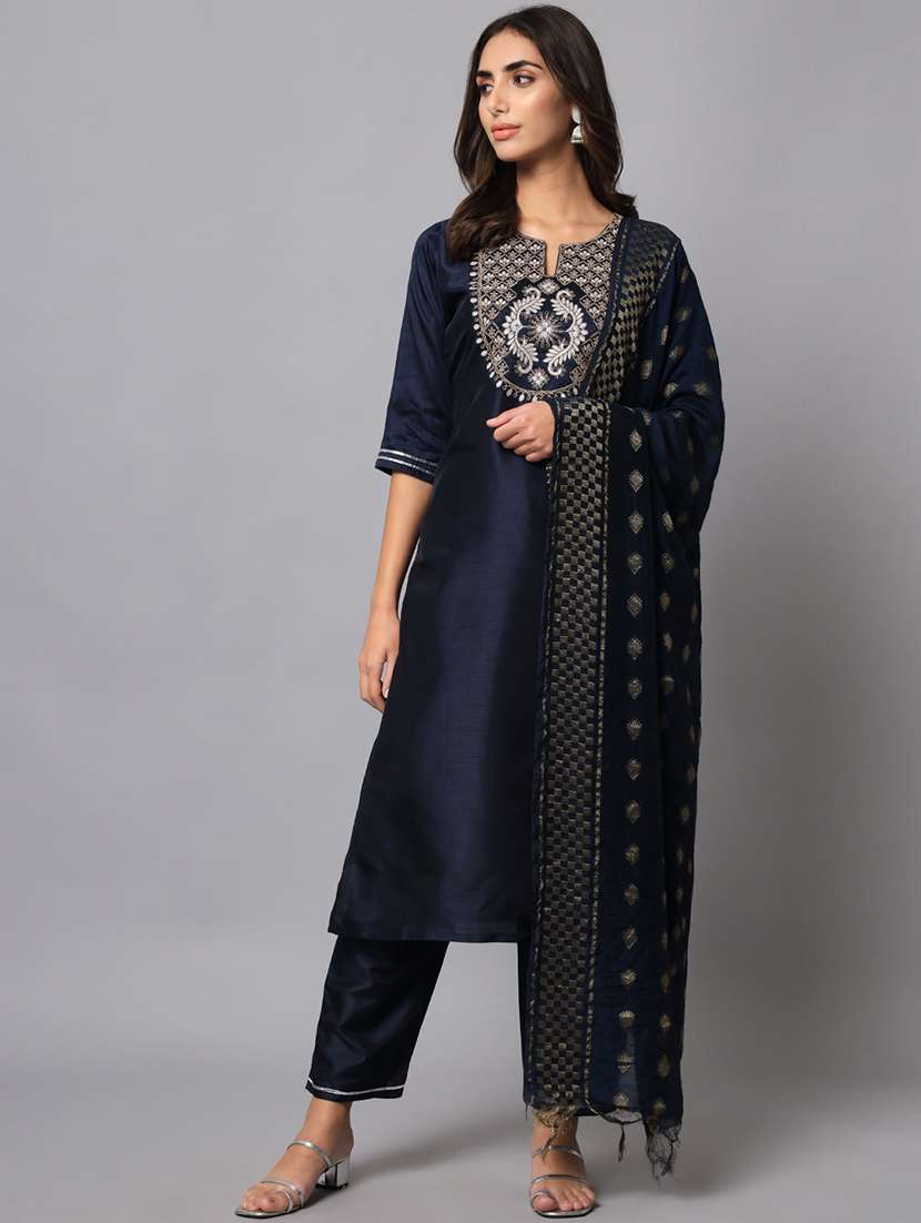 women navy blue kurta pant set with dupatta