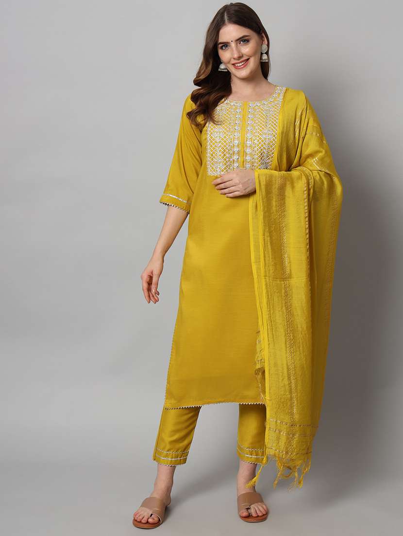 yellow round neck kurta pant set with dupatta