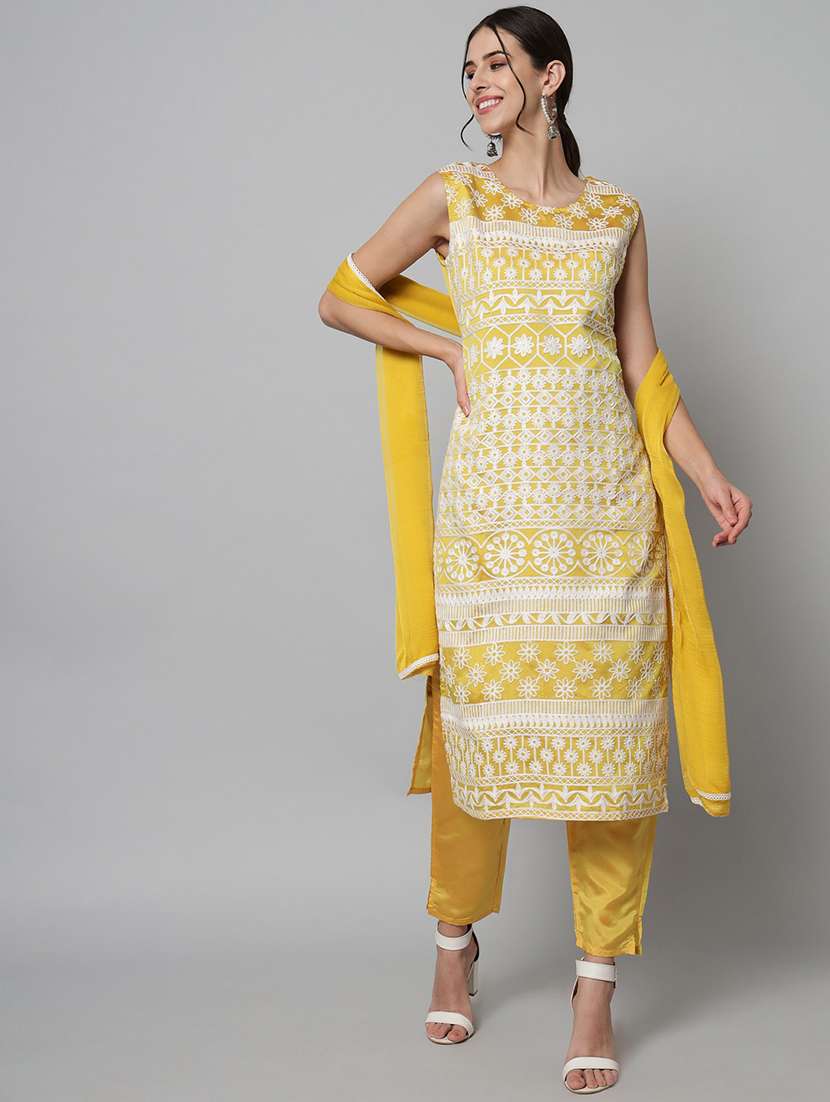 yellow round neck kurta pant set with dupatta