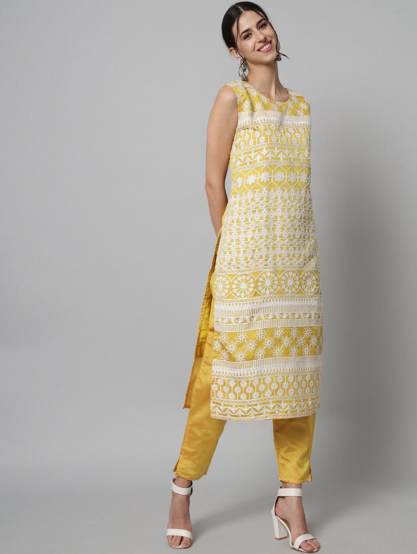 yellow round neck kurta pant set with dupatta - 20195114 - Standard Image - 2