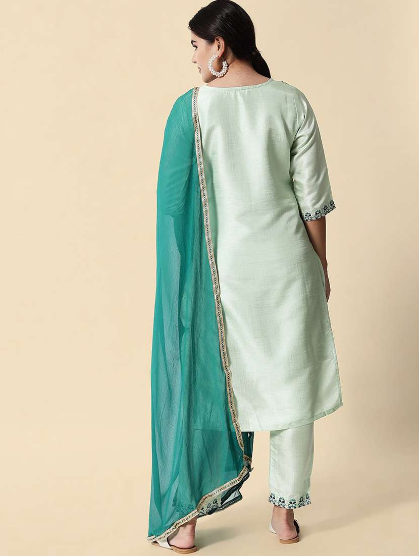 green round neck kurta pant set with dupatta - 20195125 -  Standard Image - 2