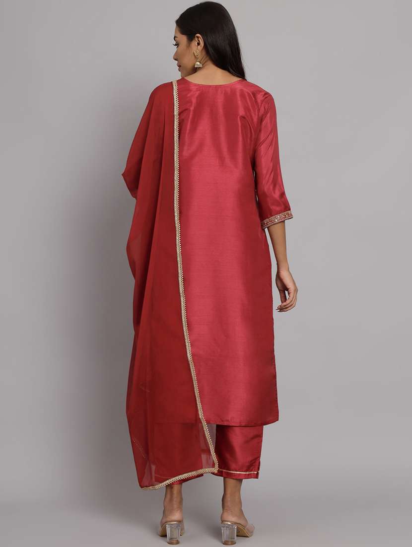 maroon round neck kurta pant set with dupatta - 20195346 -  Standard Image - 2