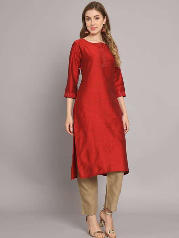 red round neck kurta pant set with dupatta - 20195350 -  Standard Image - 2