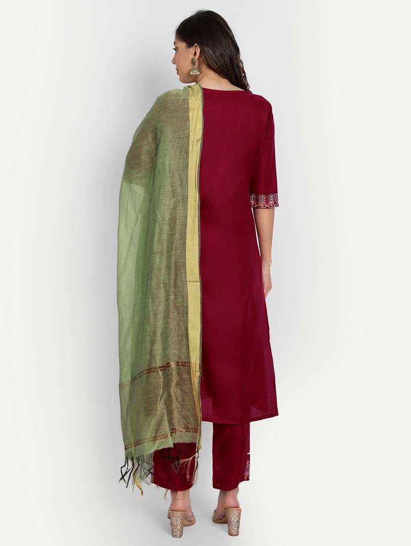 maroon round neck kurta pant set with dupatta - 20195367 - Standard Image - 2