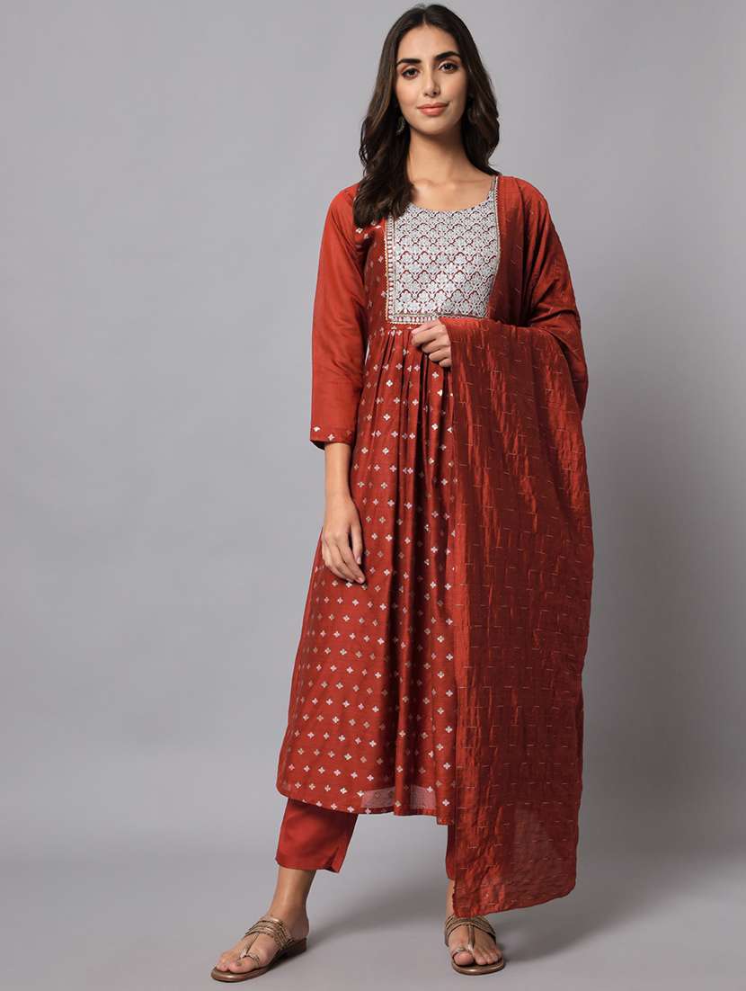 women three quarter sleeve anarkali kurta pant with dupatta set