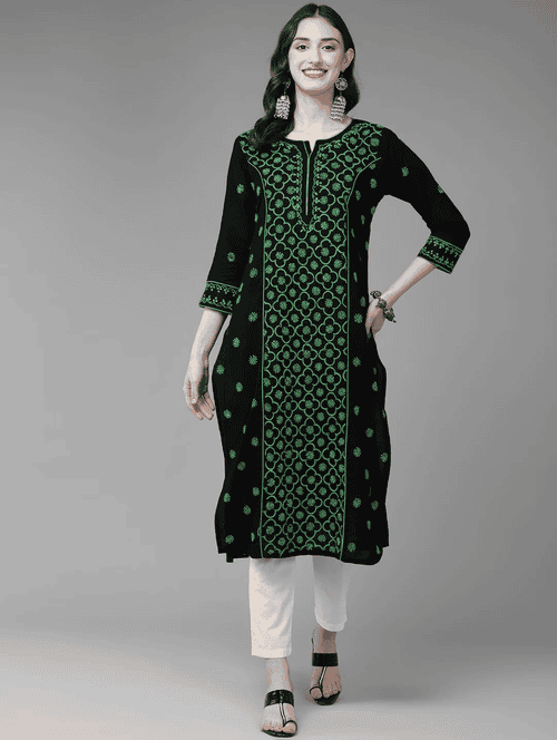 cotton black women chikankari straight kurta - 20196816 - Standard Image - 0