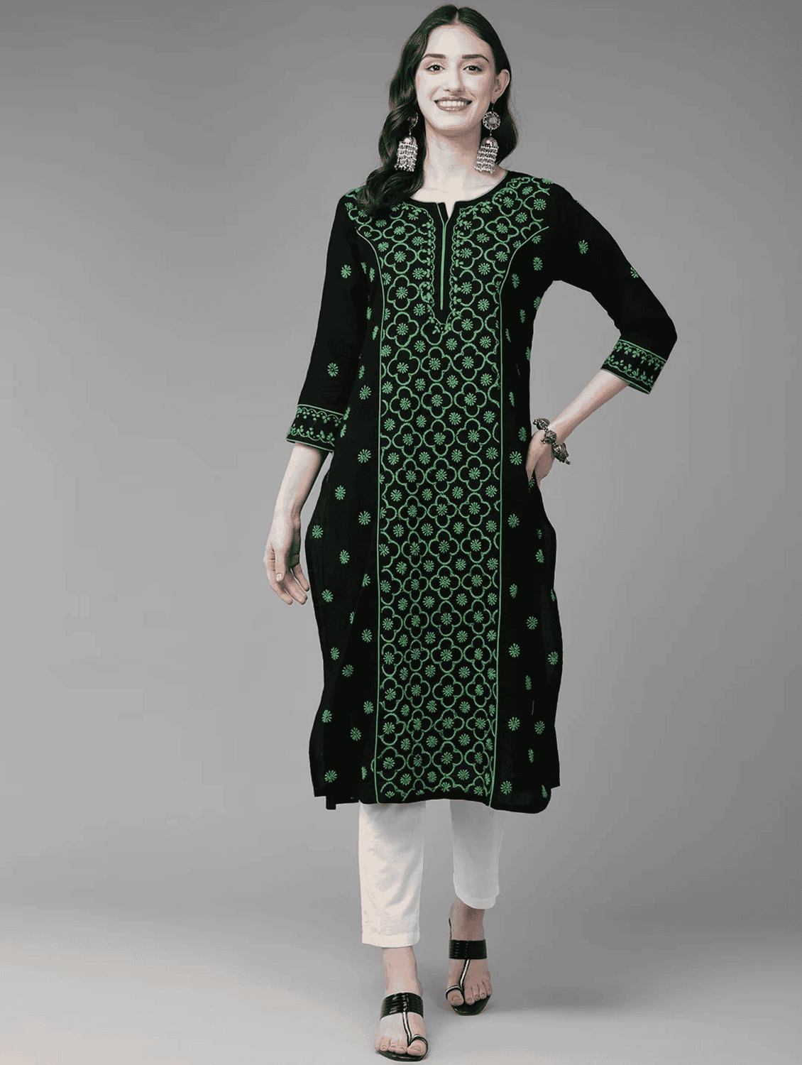 cotton black women chikankari straight kurta - 20196816 - Zoom Image - 0
