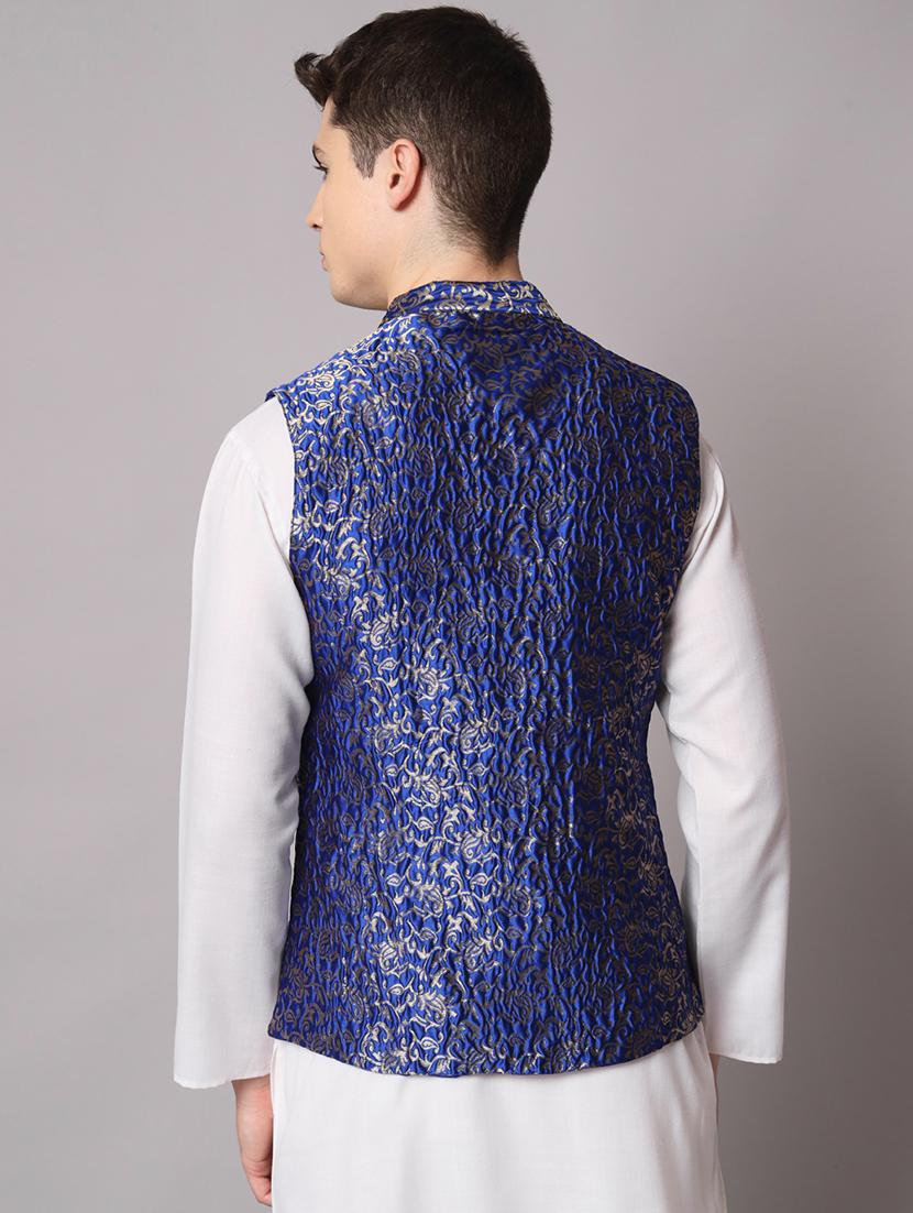 blue self designed brocade nehru jacket - 20197078 - Standard Image - 2
