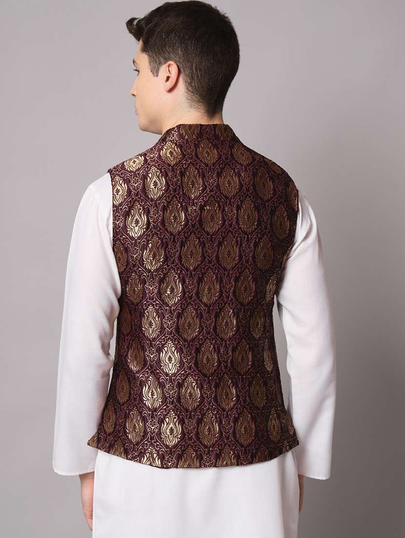 brown self designed brocade nehru jacket - 20197079 -  Standard Image - 2