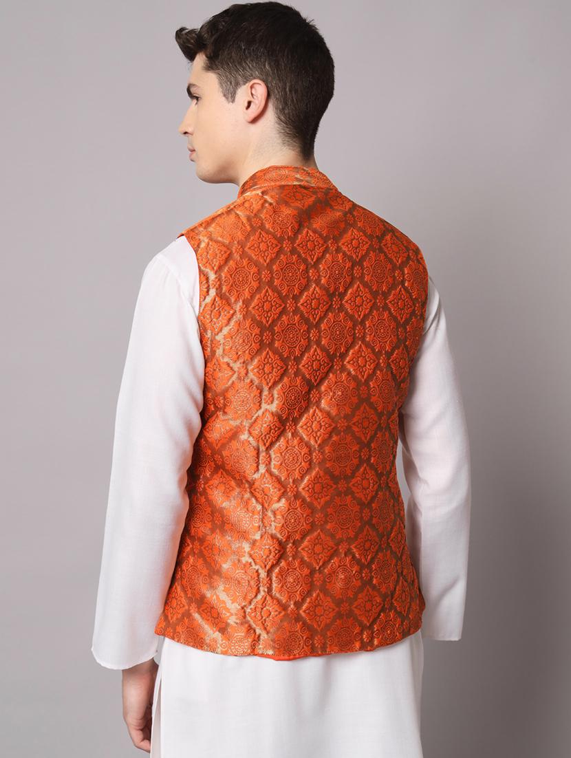 orange self designed brocade nehru jacket - 20197081 - Standard Image - 2