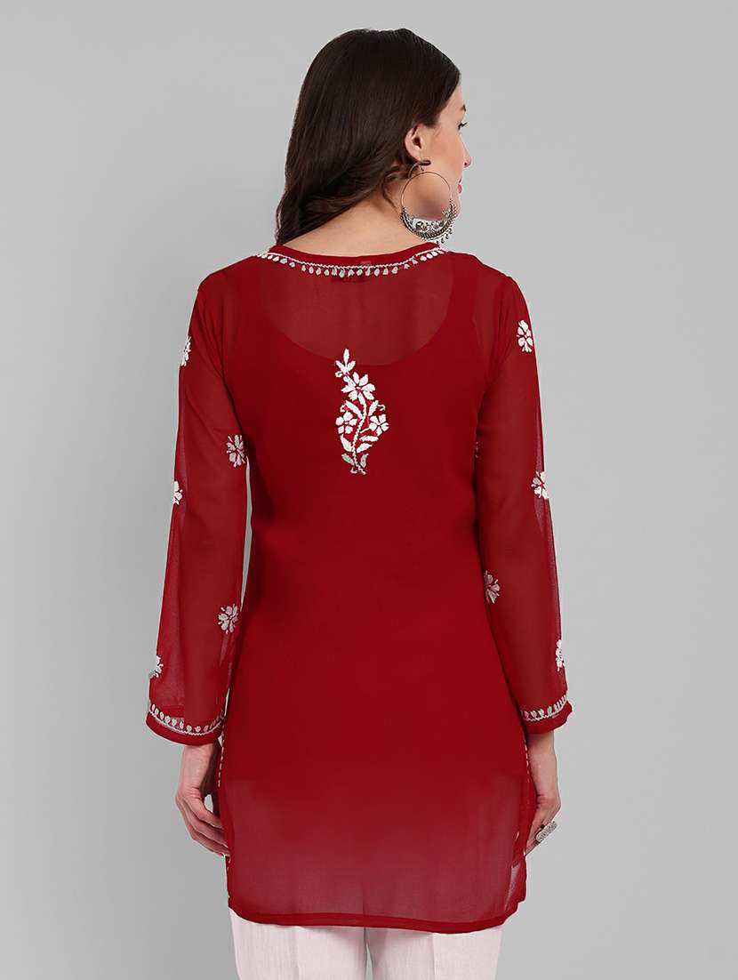 notch neck chikankari straight short kurti - 20198439 - Standard Image - 2