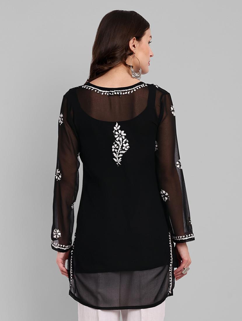 notch neck chikankari straight short kurti - 20198440 - Standard Image - 2