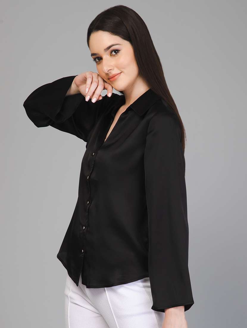 black solid bell sleeves regular shirt - 20198458 - Standard Image - 2