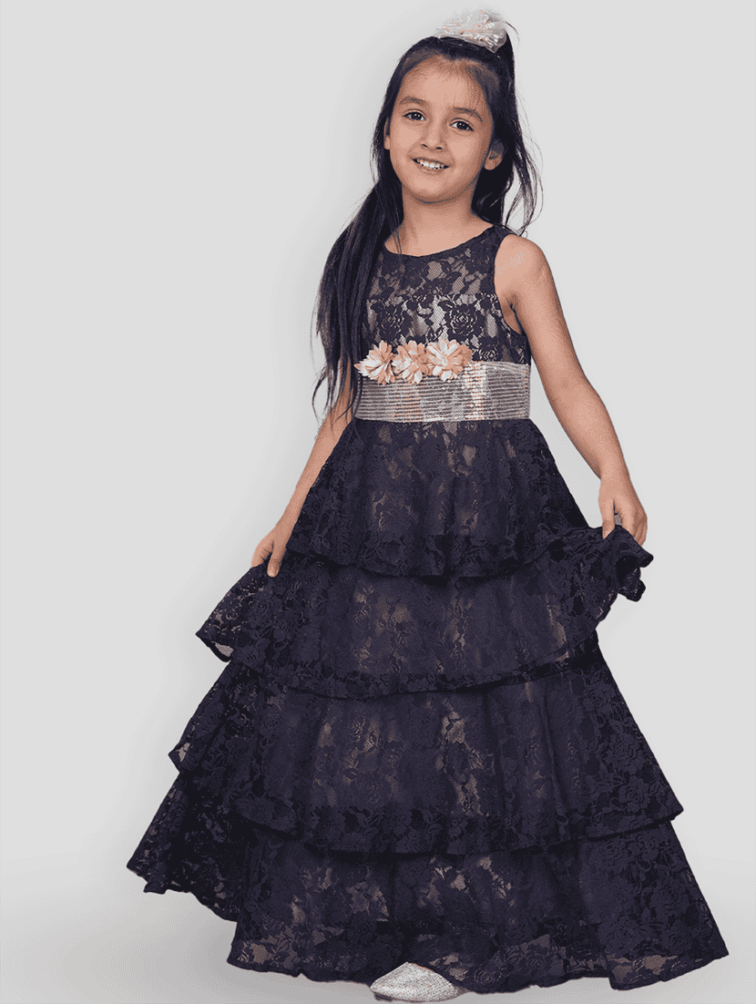 girls navy blue round neck sleeveless gown