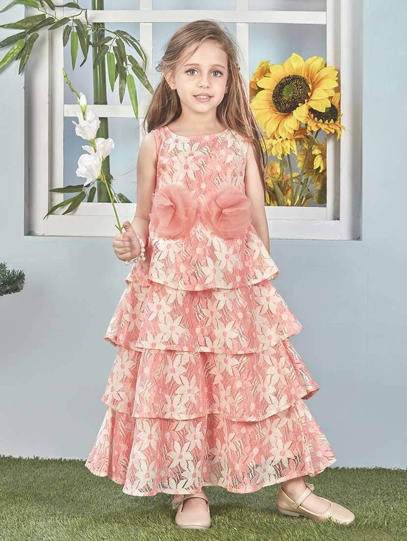 girls orange round neck sleeveless gown