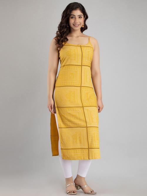 yellow printed round neck straight kurta - 20199425 - Standard Image - 0