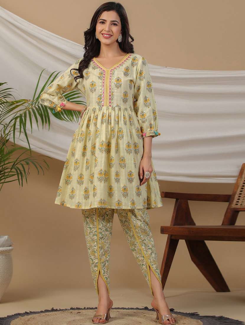 women yellow floral dhoti kurta set