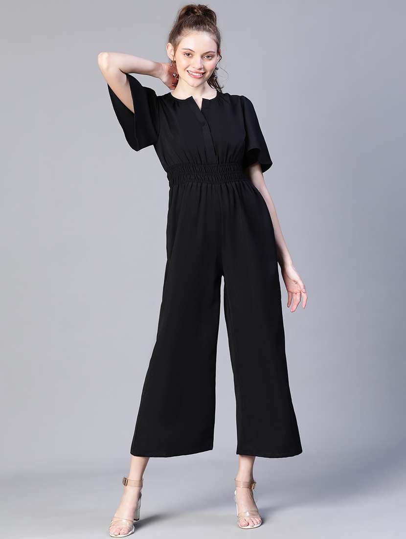 black solid bell sleeves full length jumpsuit