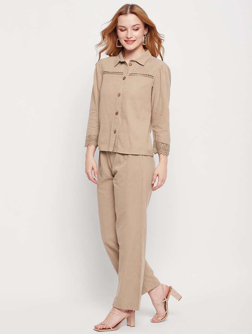 beige solid top and trouser co-ord set - 20207353 -  Standard Image - 2