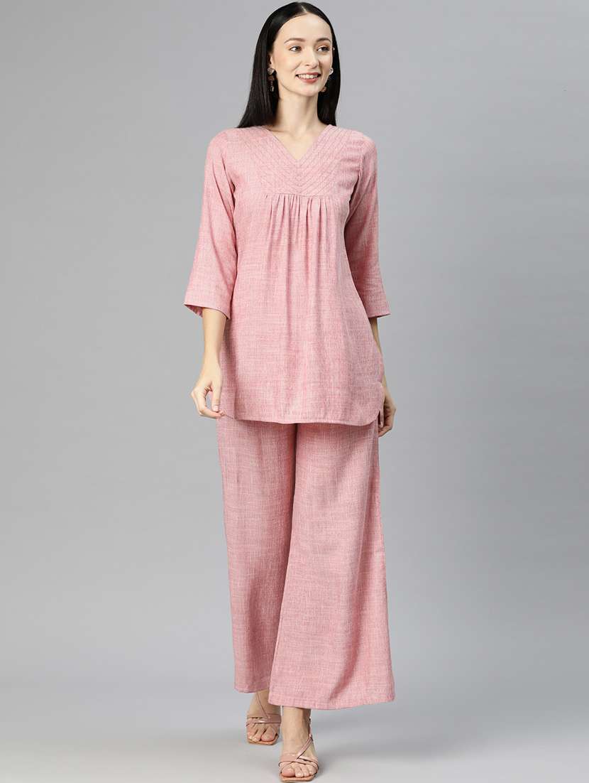 pink v neck solid top and palazzos co-ord set 