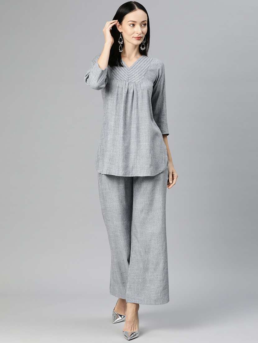 grey v neck solid top and palazzo co-ord set 