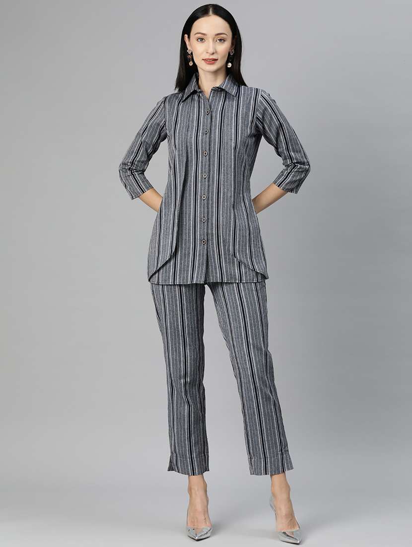 navy blue shirt collar striped top and trouser co-ord set 