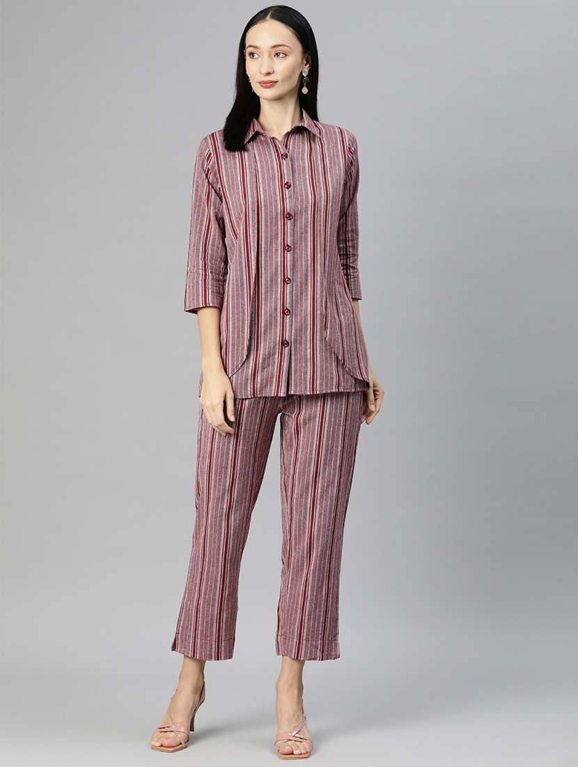 purple shirt collar striped top and trouser co-ord set 