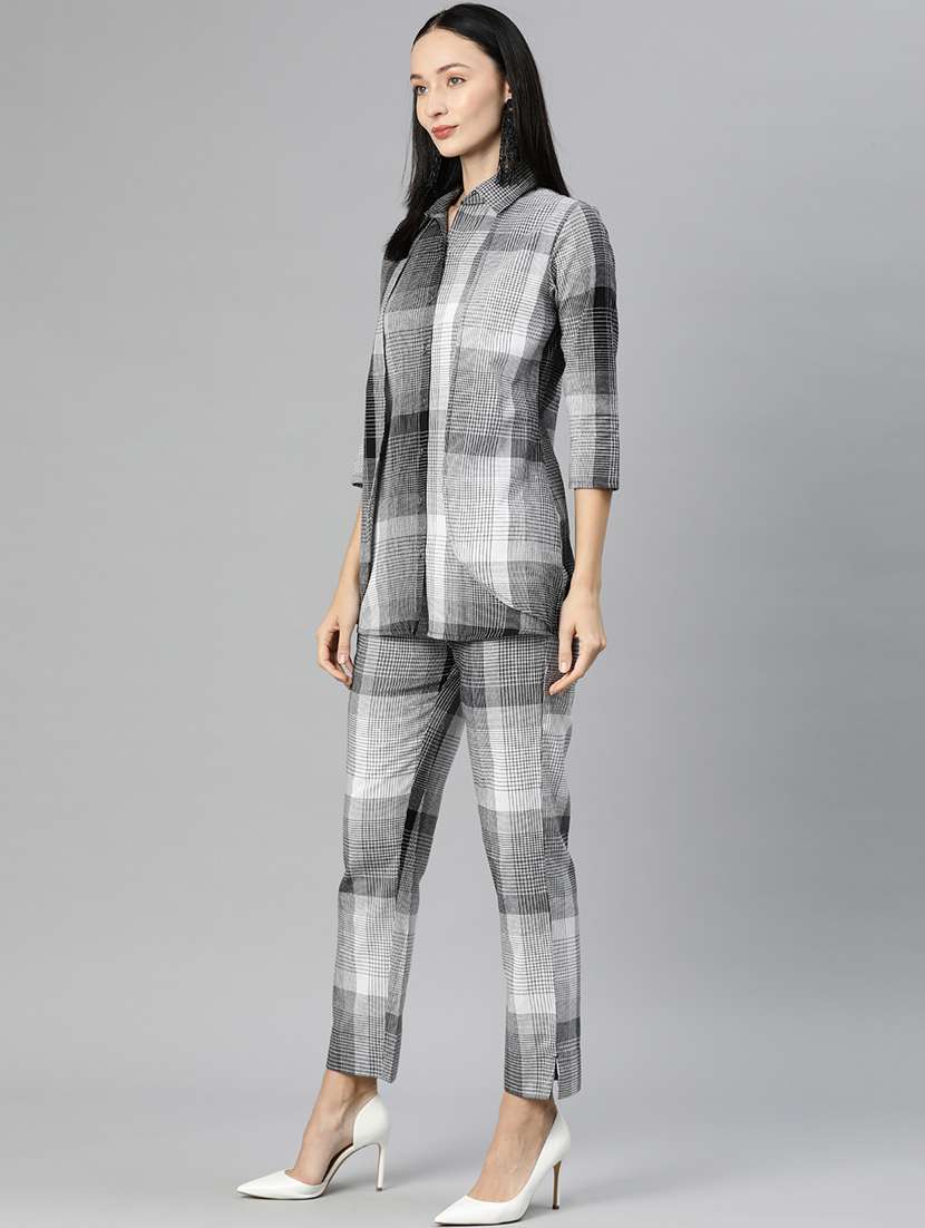 grey shirt collar checkered top and trouser co-ord set  - 20209245 -  Standard Image - 2