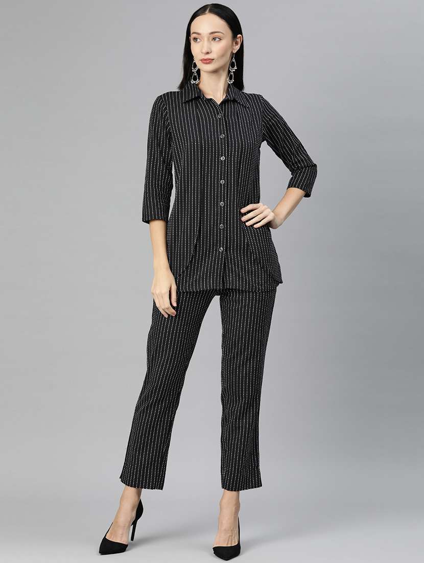 black shirt collar striped top and trouser co-ord set 