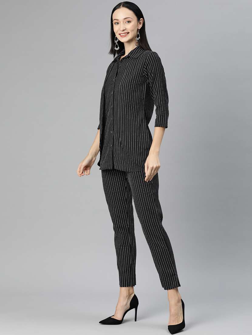black shirt collar striped top and trouser co-ord set  - 20209246 -  Standard Image - 2