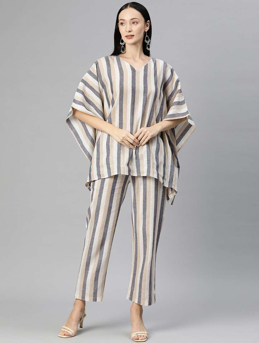 multi colored v-neck striped kaftan top and trouser co-ord set 