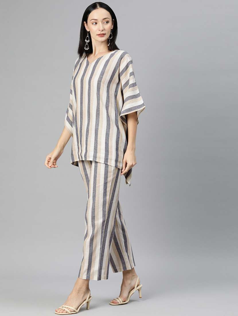 Multi Colored V-neck Striped Kaftan Top And Trouser Co-ord Set - 20209249 -  Standard Image - 2