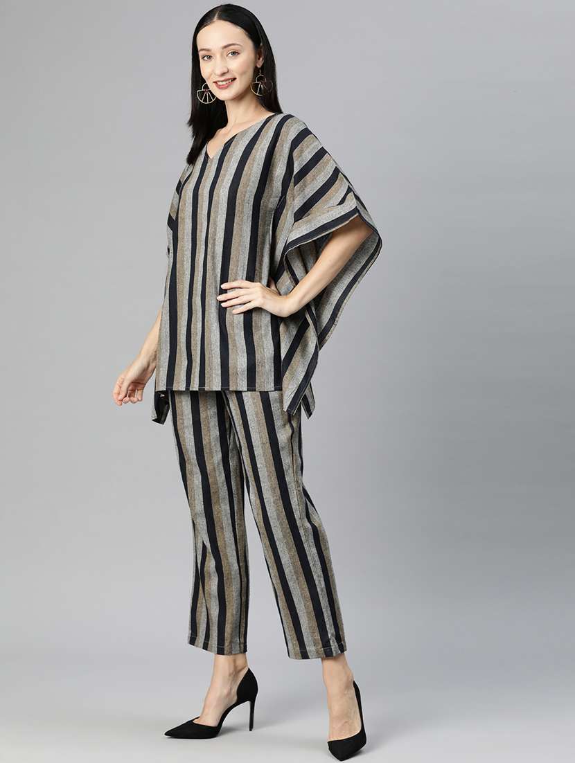 grey v neck striped kaftan top and trouser co-ord set  - 20209250 -  Standard Image - 2