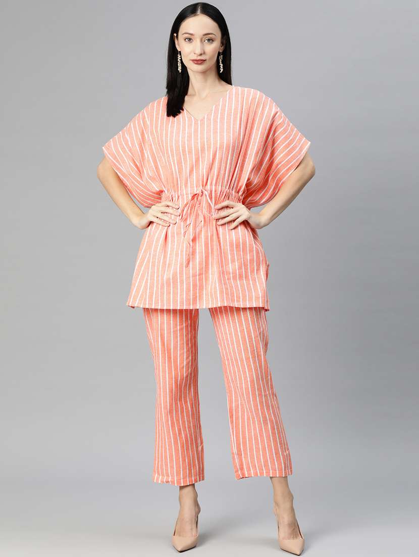 peach v neck striped kaftan top and trouser co-ord set 
