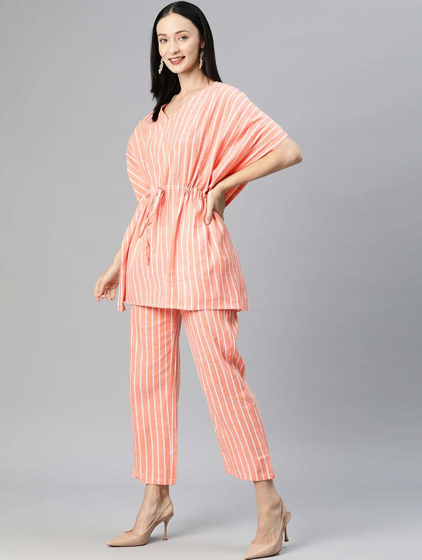 peach v neck striped kaftan top and trouser co-ord set  - 20209251 -  Standard Image - 2