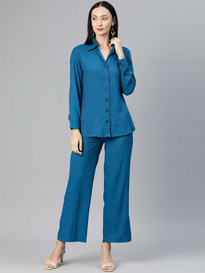 dark blue shirt collar solid top and trouser co-ord set 