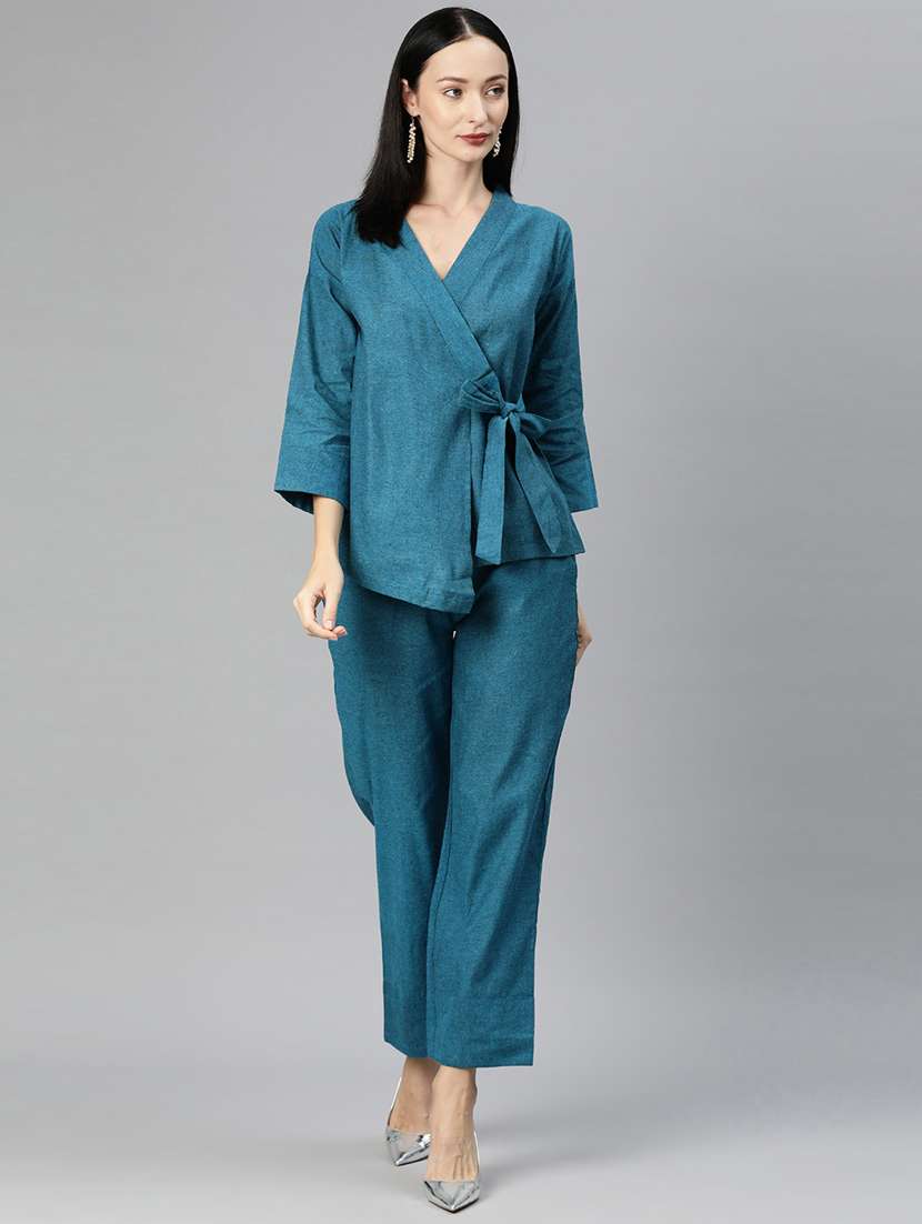 blue solid wrap top and trouser co-ord set 