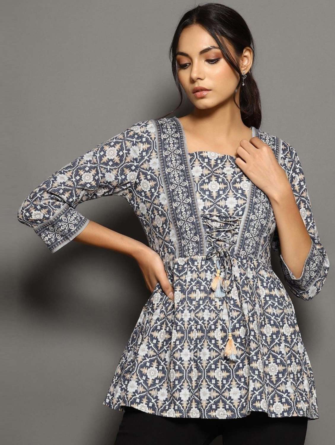 grey printed cotton regular tunic